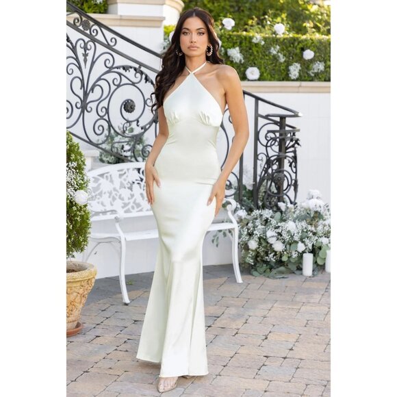 Club L London Grandeur White Halter Satin Maxi Dress Tie-neck Bridal  US size 6 - Picture 1 of 14